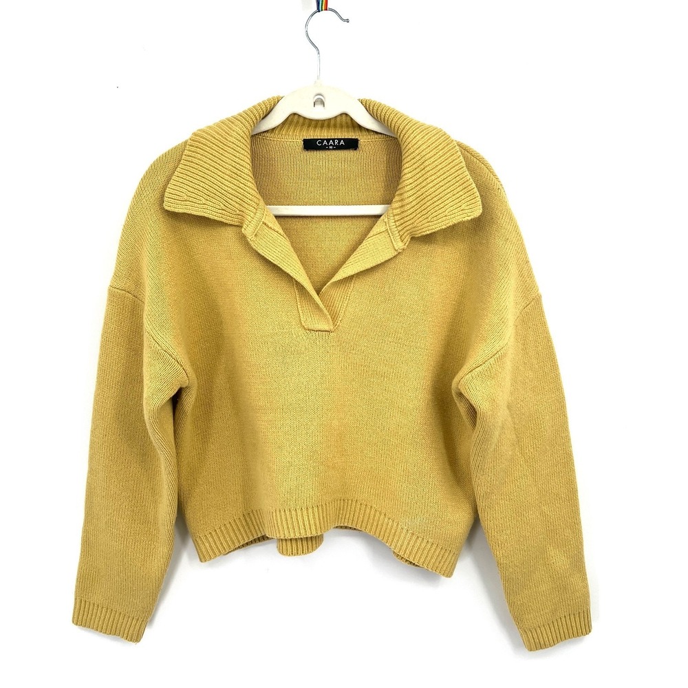 Caara chunky knit mustard yellow v-neck polo sweater granola girl academia XS